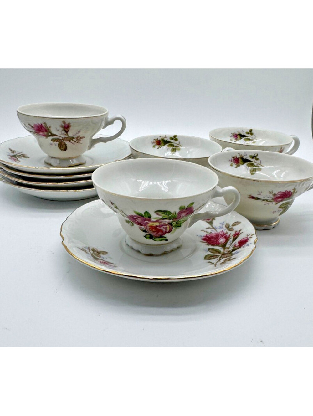 Vintage Royal Rose Fine China Japan Set 5 Teacups Saucers Moss Rose Gold Trim